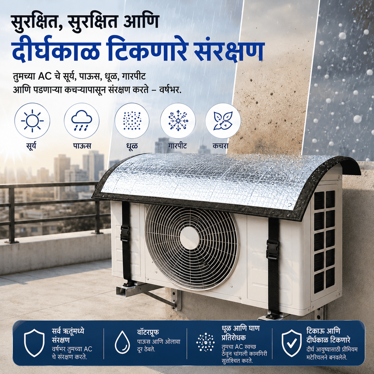 Premium AC Outdoor Unit Cover for AC | Heat Resistant Waterproof Aluminium Foil Sun Shade Cover | UV, Rain & Dust Protection for Compressor Outdoor Unit | एसी बाह्य युनिट संरक्षण कव्हर