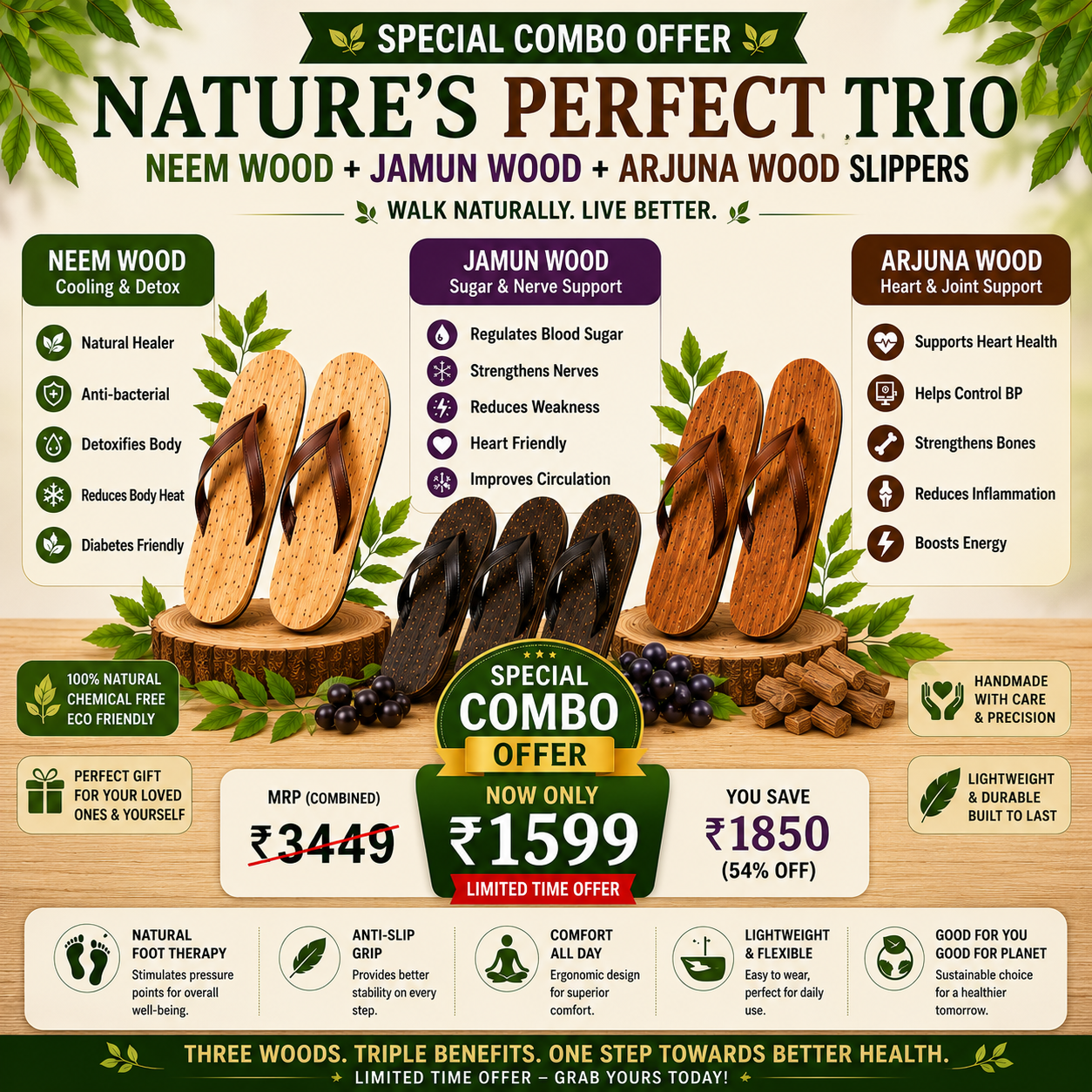 Premium Natural Wooden Slippers for Men & Women | Neem, Jamun & Arjuna Wood | Handcrafted Comfort