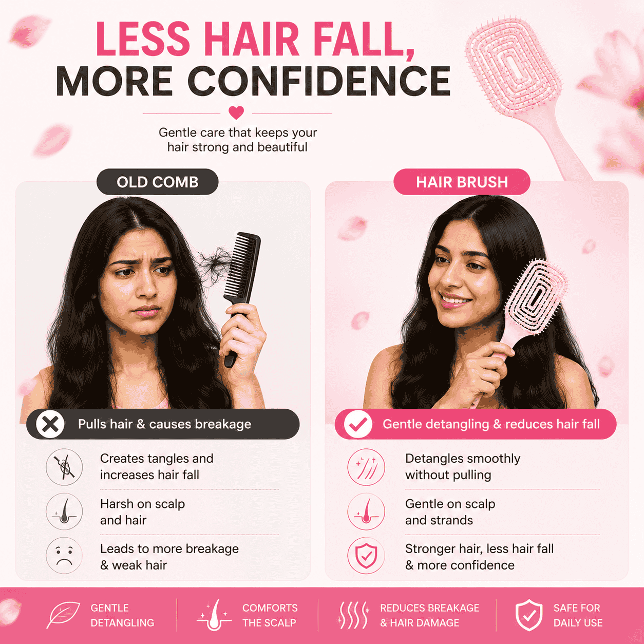 Hair Brush for Women & Girls | Soft Scalp Massage Brush for Wet & Dry Hair | Anti Hair Fall Detangling Paddle Hair Brush | Gentle & Pain-Free Hair Care Brush