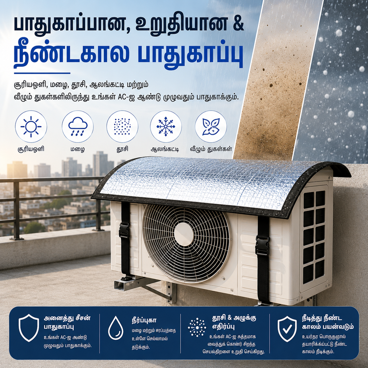 Premium AC Outdoor Unit Cover for AC | Heat Resistant Waterproof Aluminium Foil Sun Shade Cover | UV, Rain & Dust Protection for Compressor Outdoor Unit | என்பதற்கான தமிழ் மொழிபெயர்ப்புகள்: