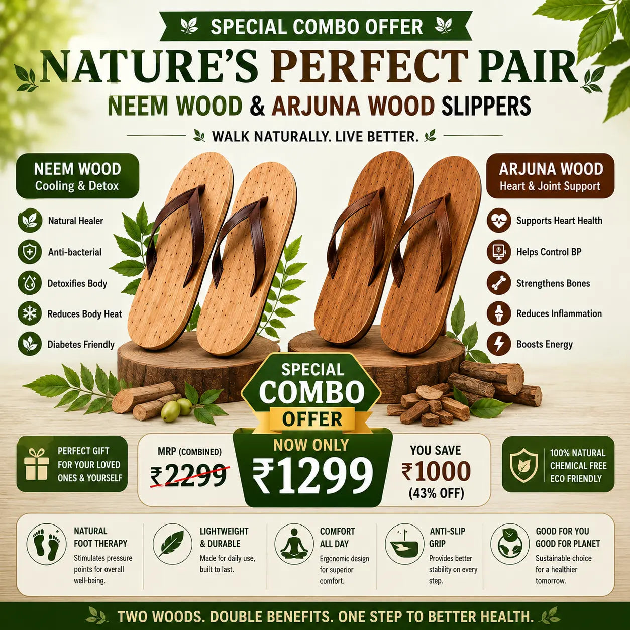Premium Natural Wooden Slippers for Men & Women | Neem, Jamun & Arjuna Wood | Handcrafted Comfort