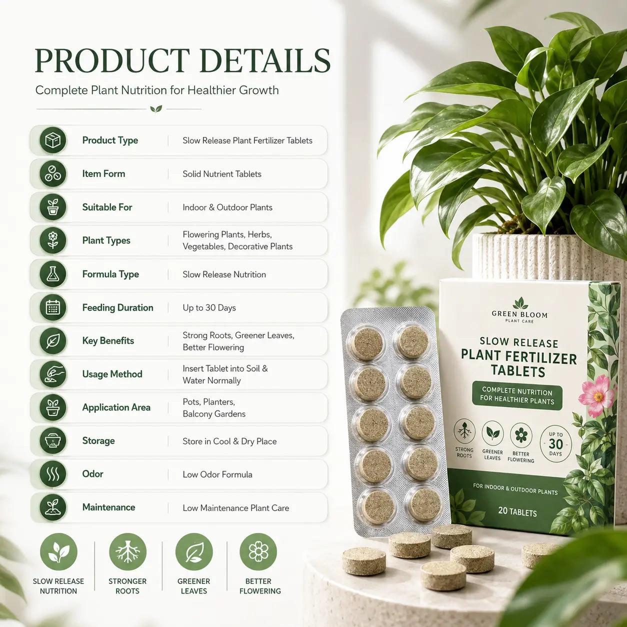 Organic Style Slow Release Plant Nutrient Tablets | Long Lasting Plant Food Tablets for Home Gardens Balanced Nutrition Fertilizer Tablets for Plants