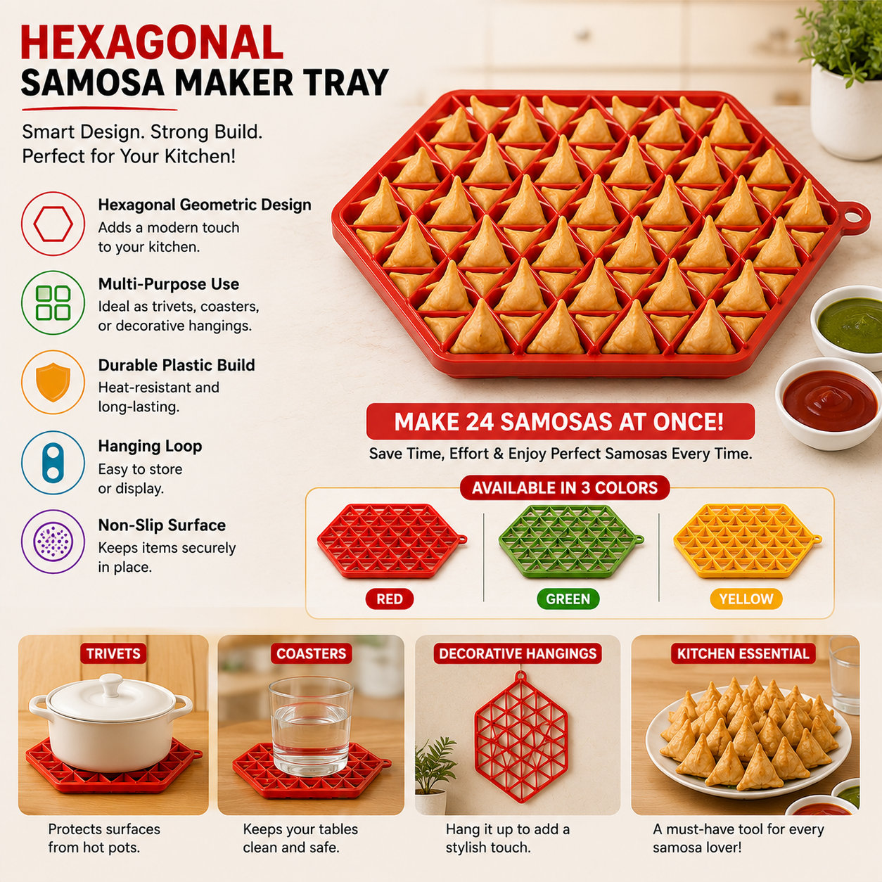 Samosa Maker (Make 24 Perfect Samosas at Once) - Available in 3 Vibrant Colors