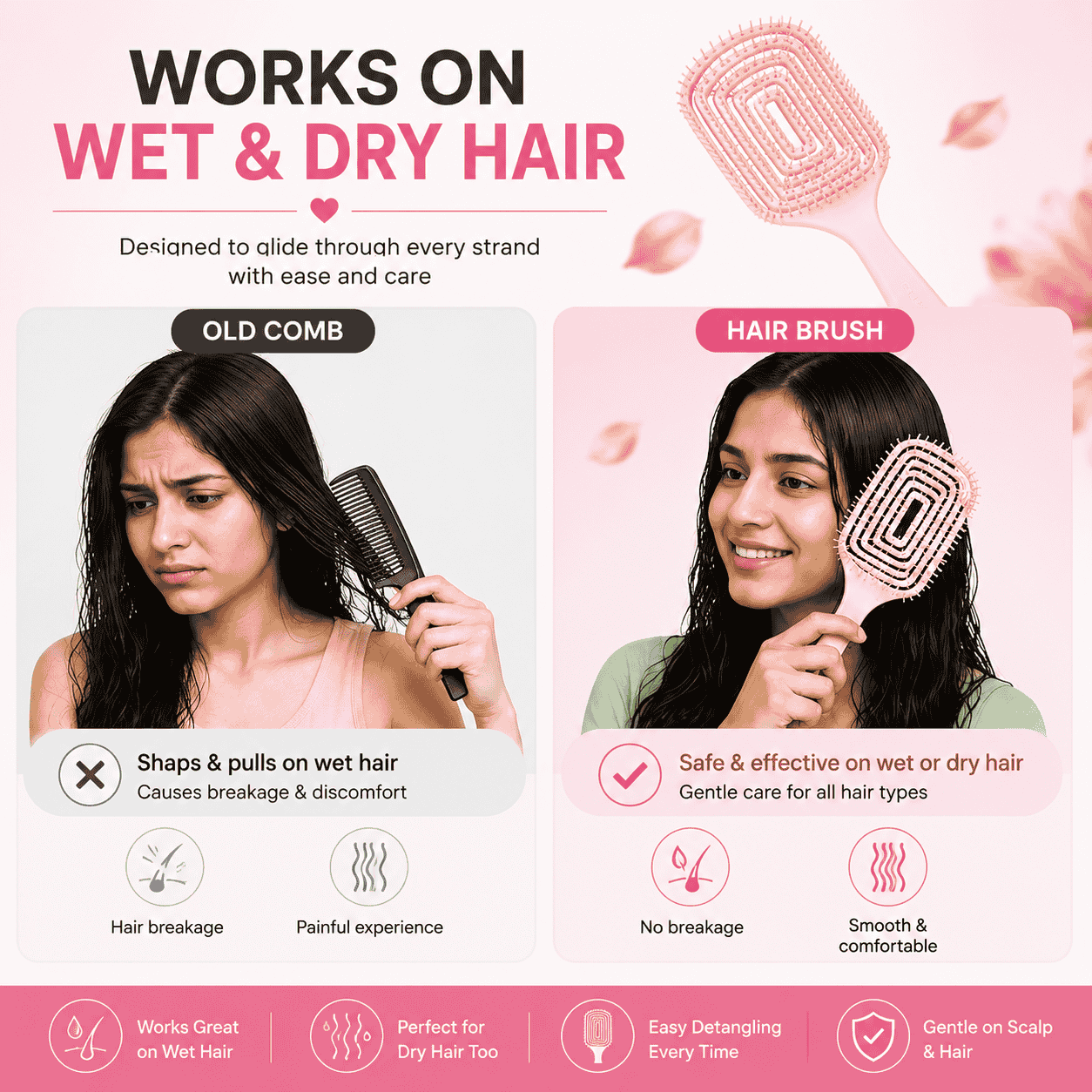 Hair Brush for Women & Girls | Soft Scalp Massage Brush for Wet & Dry Hair | Anti Hair Fall Detangling Paddle Hair Brush | Gentle & Pain-Free Hair Care Brush