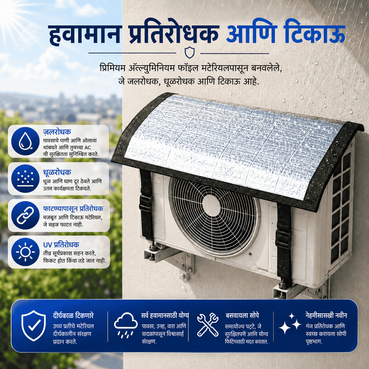Premium AC Outdoor Unit Cover for AC | Heat Resistant Waterproof Aluminium Foil Sun Shade Cover | UV, Rain & Dust Protection for Compressor Outdoor Unit | एसी बाह्य युनिट संरक्षण कव्हर