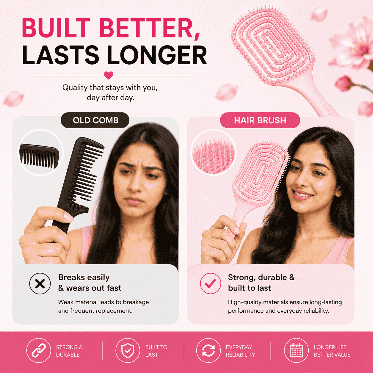 Hair Brush for Women & Girls | Soft Scalp Massage Brush for Wet & Dry Hair | Anti Hair Fall Detangling Paddle Hair Brush | Gentle & Pain-Free Hair Care Brush