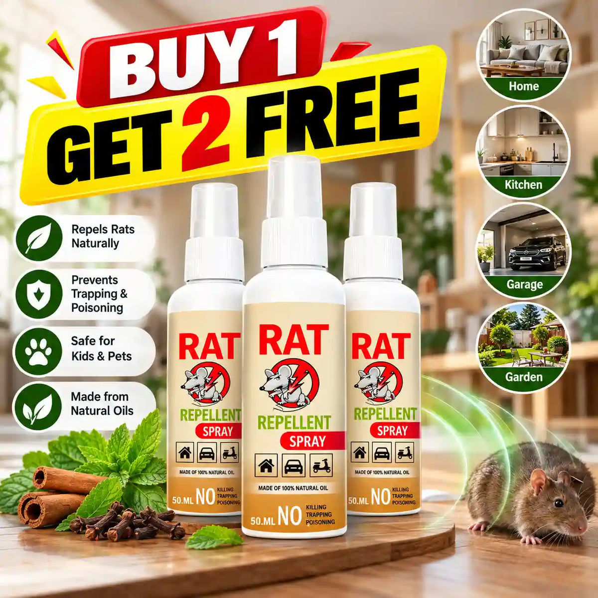 Natural Rat Repellent Spray – 50ML | Keeps Rats Away from Home, Car, Garage, Garden & Kitchen