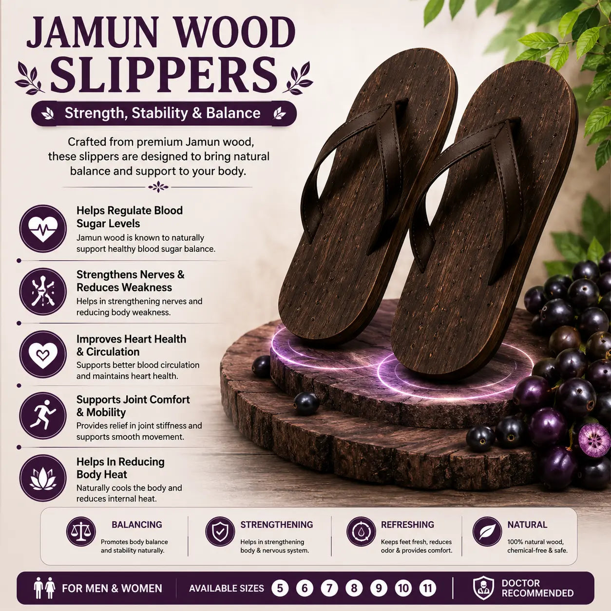 Premium Natural Wooden Slippers for Men & Women | Neem, Jamun & Arjuna Wood | Handcrafted Comfort
