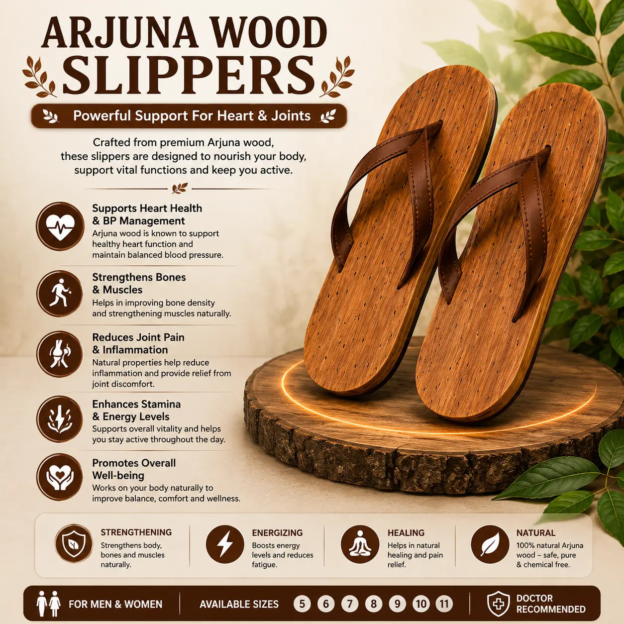 Premium Natural Wooden Slippers for Men & Women | Neem, Jamun & Arjuna Wood | Handcrafted Comfort
