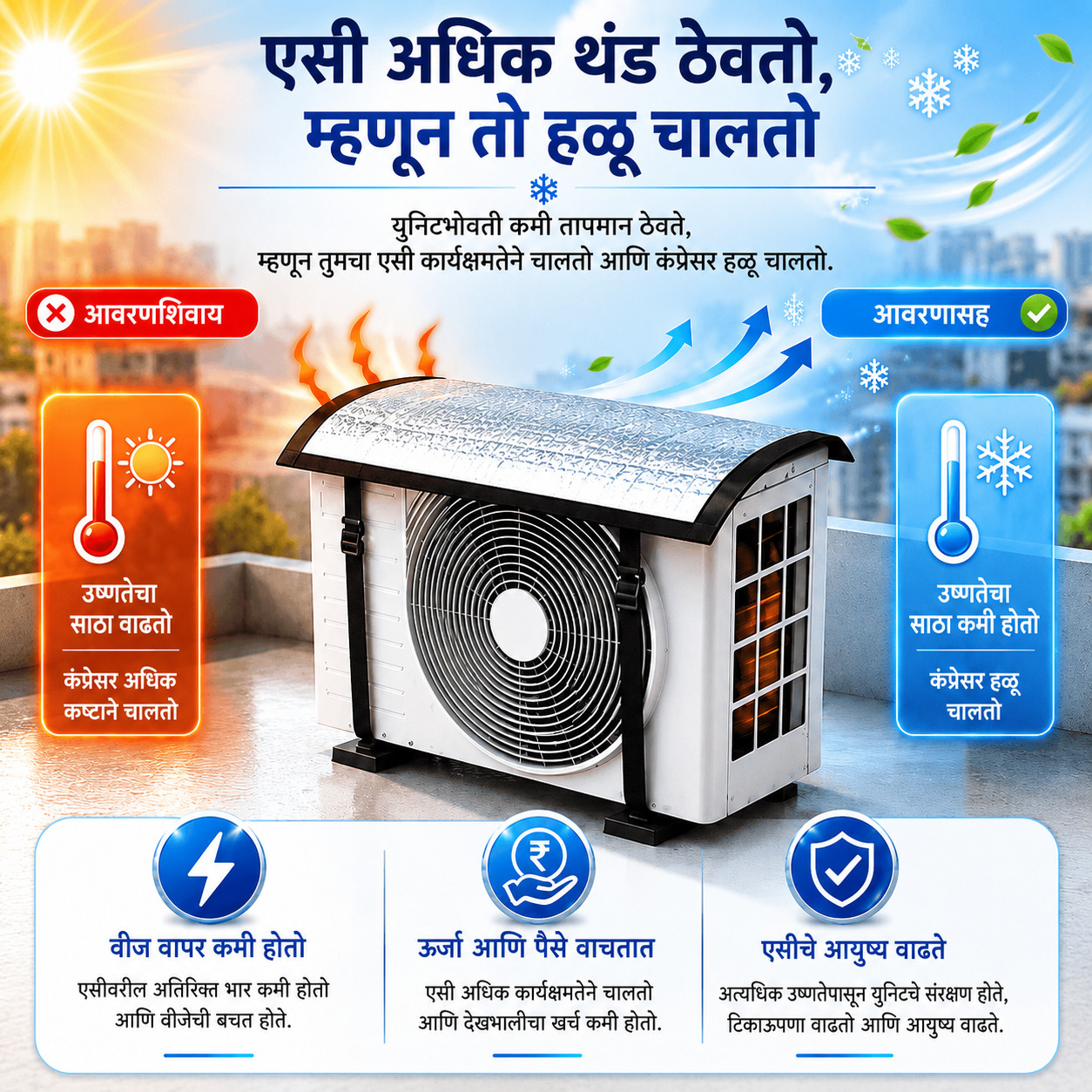 Premium AC Outdoor Unit Cover for AC | Heat Resistant Waterproof Aluminium Foil Sun Shade Cover | UV, Rain & Dust Protection for Compressor Outdoor Unit | एसी बाह्य युनिट संरक्षण कव्हर
