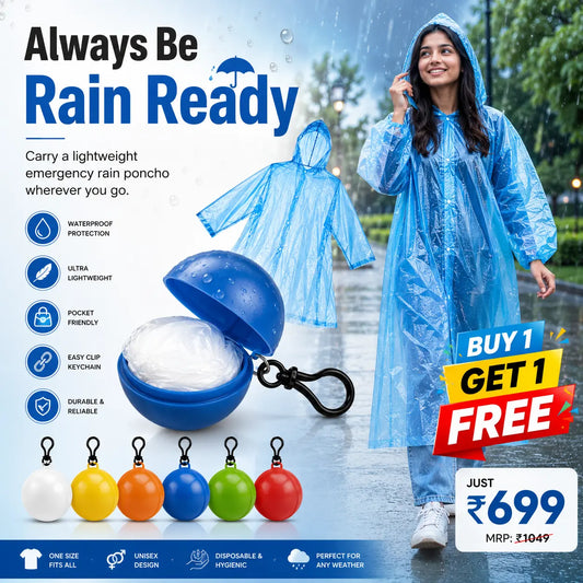 Portable Disposable Rain Poncho with Waterproof Storage Ball Keychain | Lightweight Hooded Emergency Raincoat | Pocket Size Travel Rain Wear | Buy 1 Get 1 Free