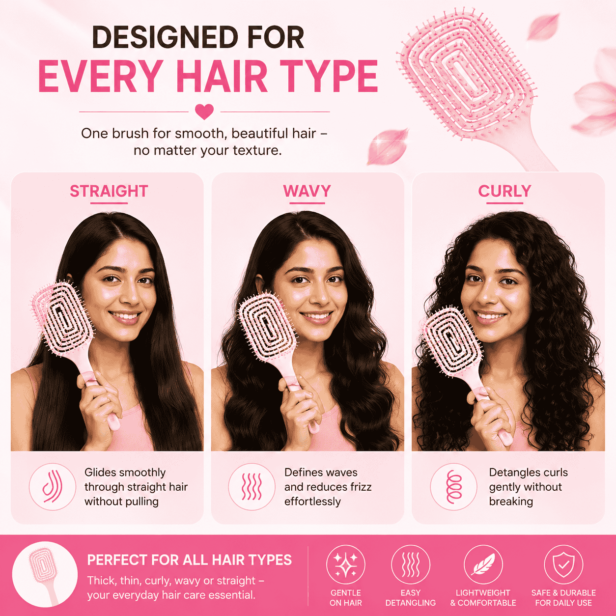 Hair Brush for Women & Girls | Soft Scalp Massage Brush for Wet & Dry Hair | Anti Hair Fall Detangling Paddle Hair Brush | Gentle & Pain-Free Hair Care Brush