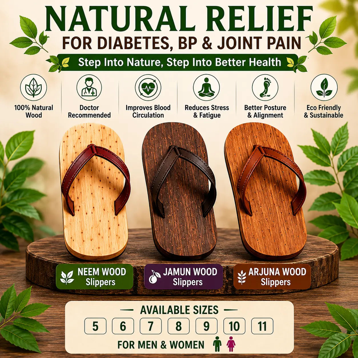 Premium Natural Wooden Slippers for Men & Women | Neem, Jamun & Arjuna Wood | Handcrafted Comfort