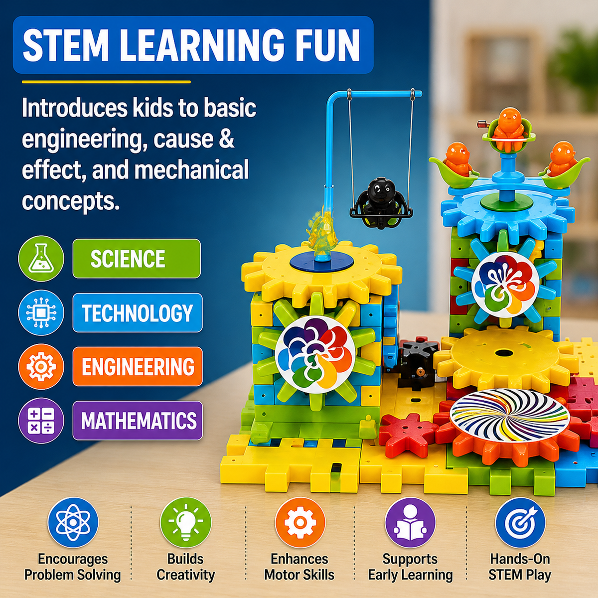 Miracle Bricks Educational Building Blocks Toy Set – 101 Pieces Motorized Interlocking Gear Blocks for Kids