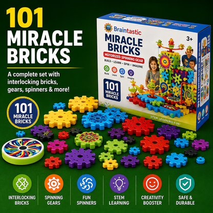 Miracle Bricks Educational Building Blocks Toy Set – 101 Pieces Motorized Interlocking Gear Blocks for Kids