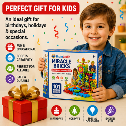 Miracle Bricks Educational Building Blocks Toy Set – 101 Pieces Motorized Interlocking Gear Blocks for Kids