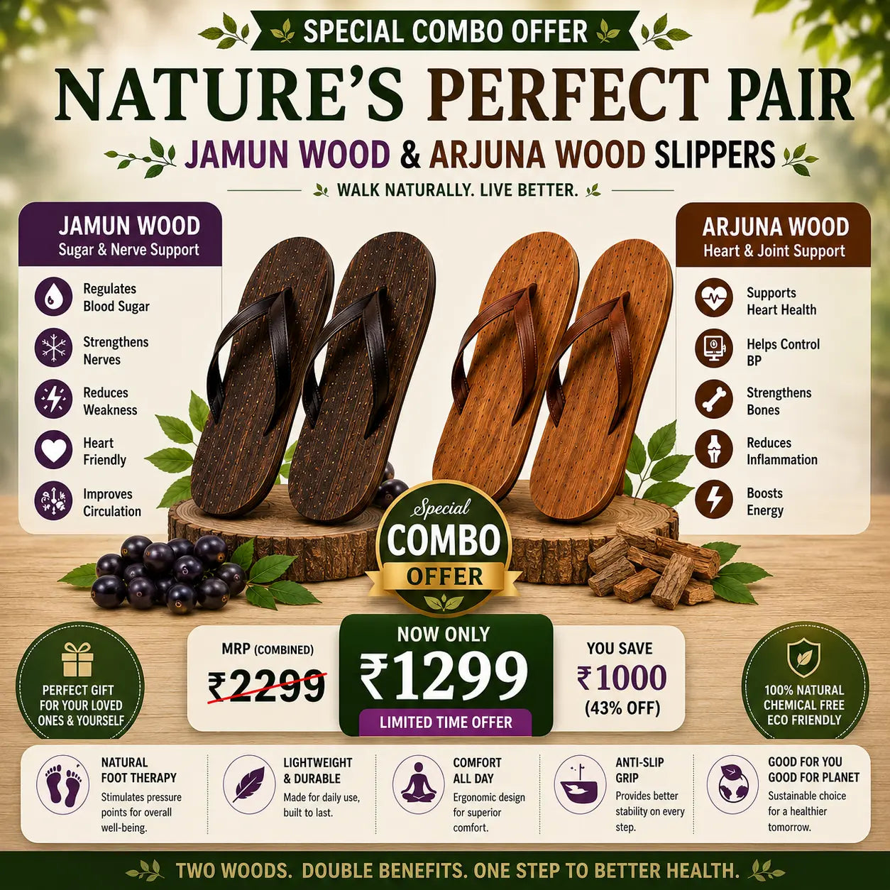 Premium Natural Wooden Slippers for Men & Women | Neem, Jamun & Arjuna Wood | Handcrafted Comfort