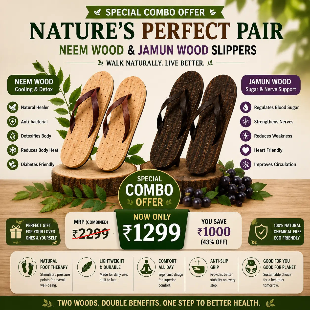Premium Natural Wooden Slippers for Men & Women | Neem, Jamun & Arjuna Wood | Handcrafted Comfort