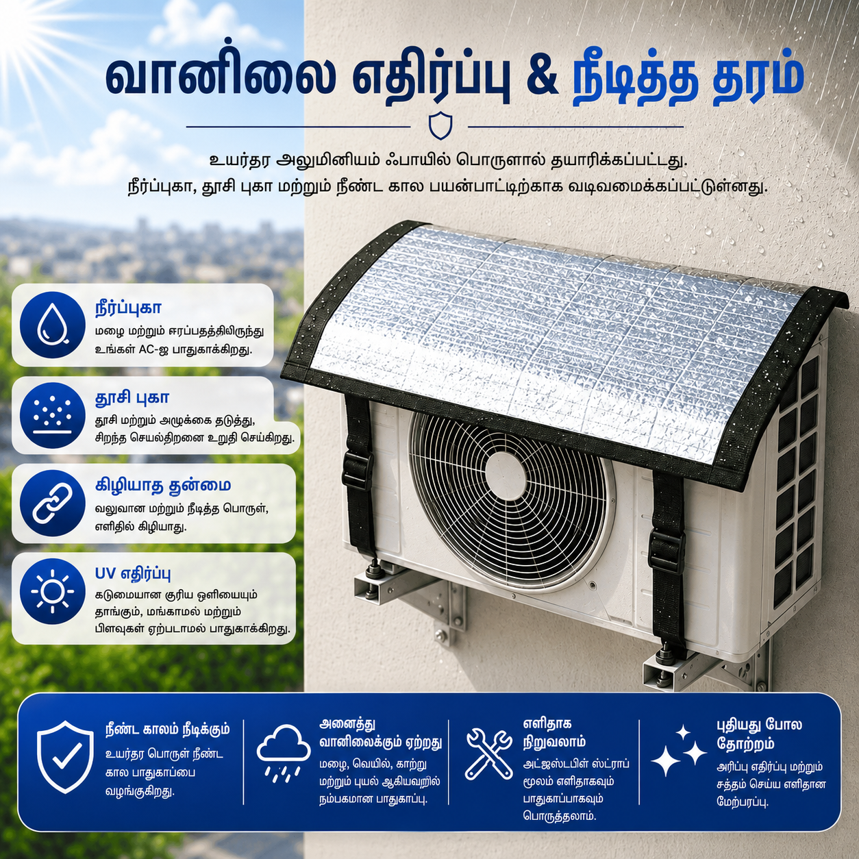 Premium AC Outdoor Unit Cover for AC | Heat Resistant Waterproof Aluminium Foil Sun Shade Cover | UV, Rain & Dust Protection for Compressor Outdoor Unit | என்பதற்கான தமிழ் மொழிபெயர்ப்புகள்: