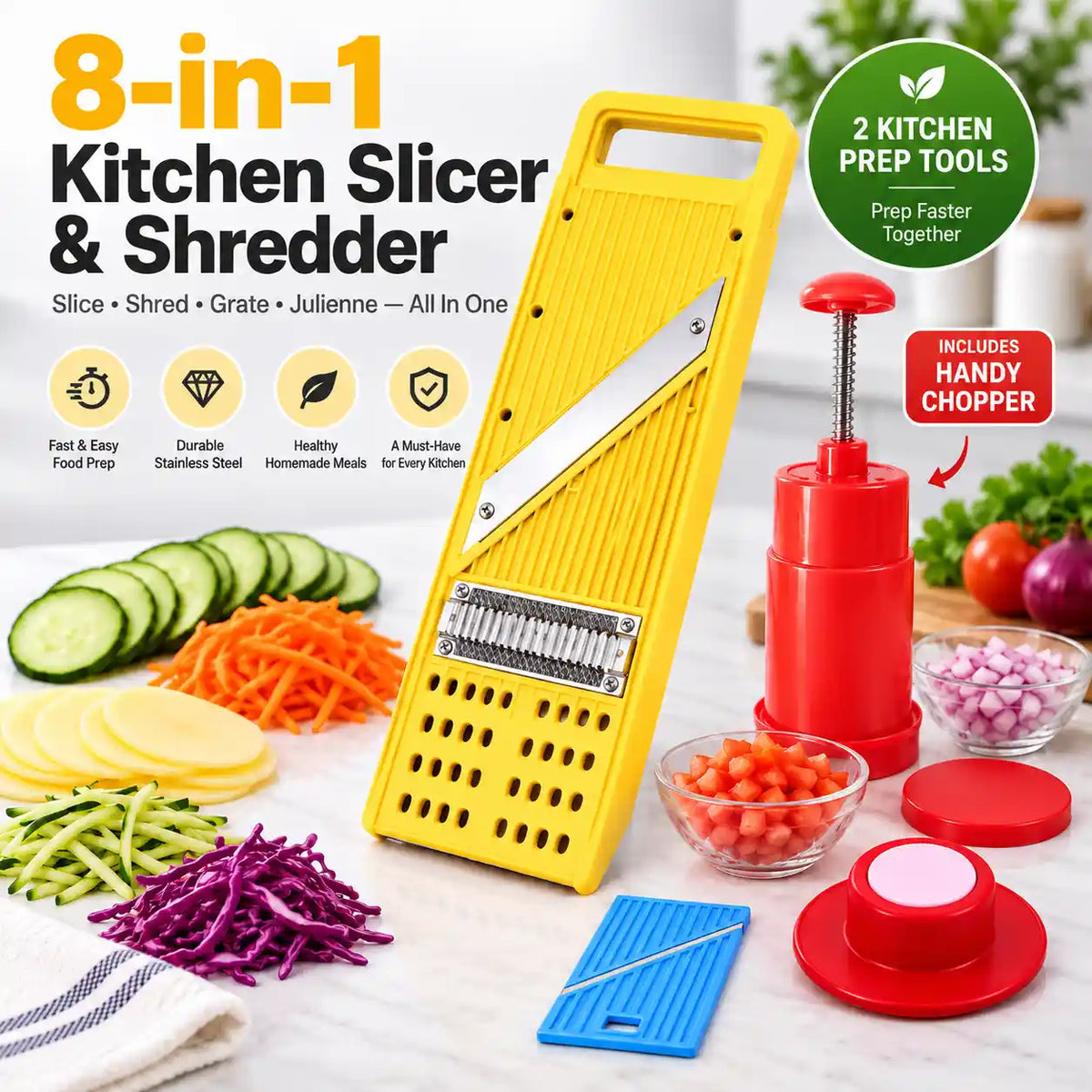 8-in-1 Multi-Function Vegetable Slicer, Shredder & Chopper with Safety Guard