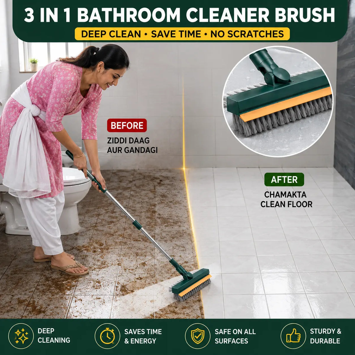 All-in-One 3 In 1 Cleaning Brush for Bathroom, Tiles, Balcony & Parking | 3 In 1 Long Handle Cleaner
