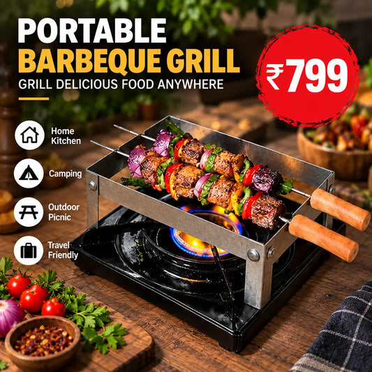 Foldable Portable Barbecue Grill Stand with Mesh Grill & 2 Wooden Handle Skewers