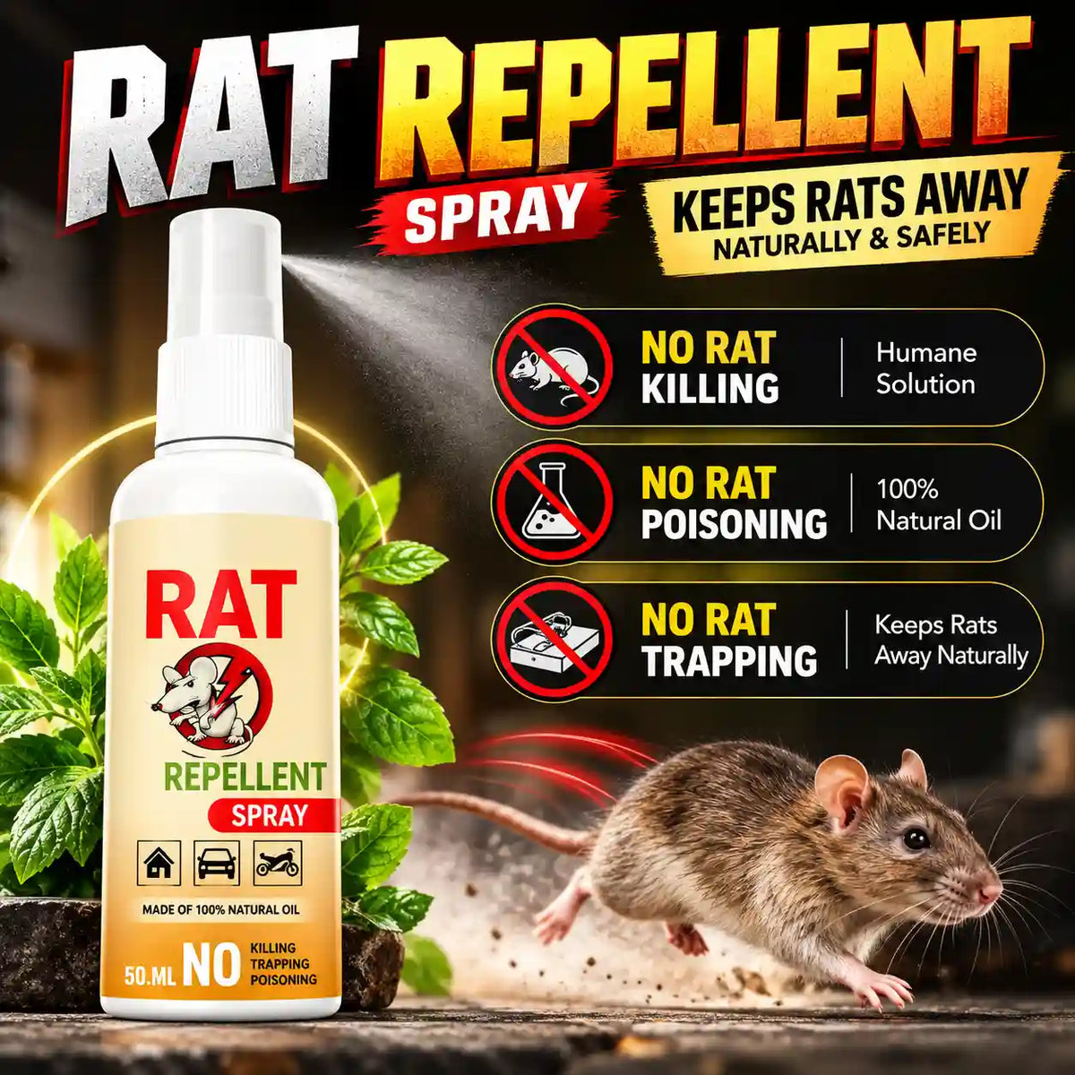 Natural Rat Repellent Spray – 50ML | Keeps Rats Away from Home, Car, Garage, Garden & Kitchen