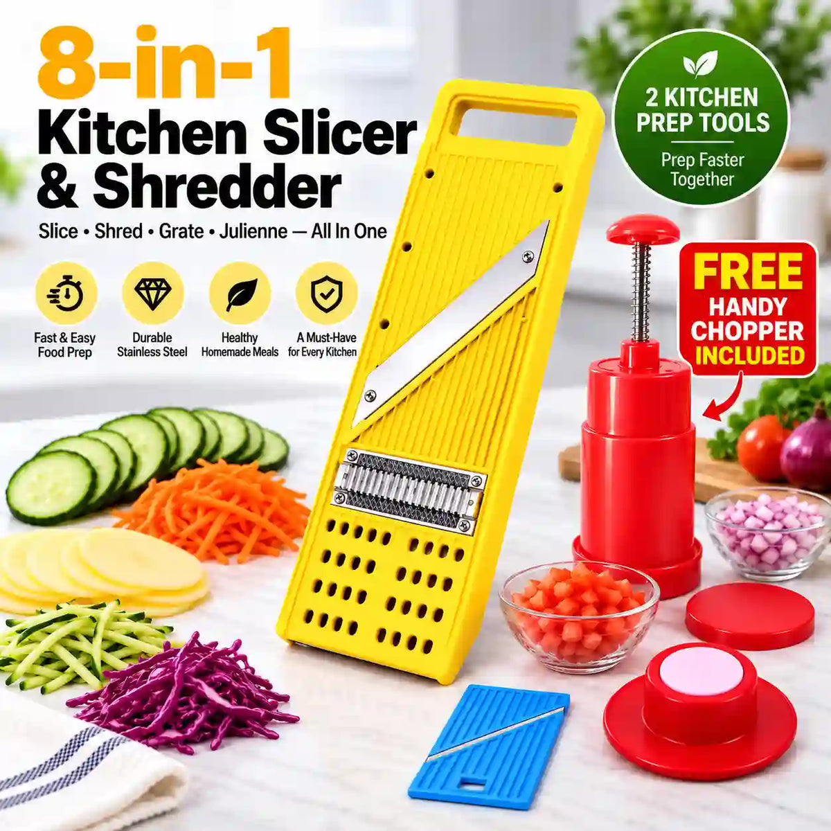 8-in-1 Multi-Function Vegetable Slicer, Shredder & Chopper with Safety Guard