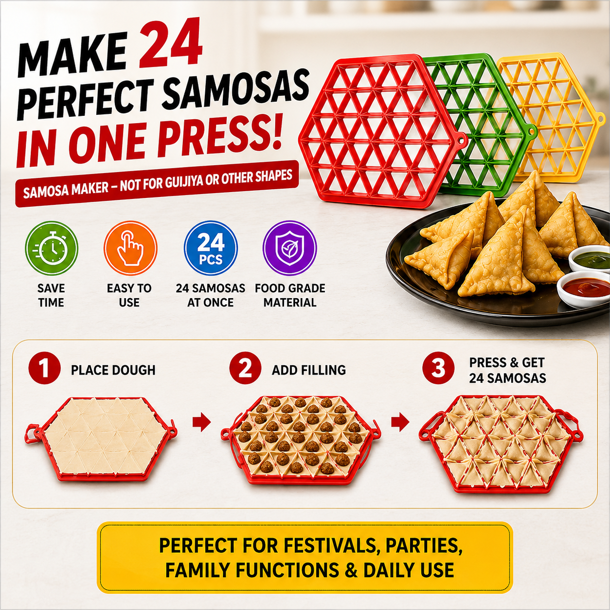 Samosa Maker (Make 24 Perfect Samosas at Once) - Available in 3 Vibrant Colors