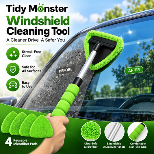 Tidy Monster Windshield Cleaning Tool – Microfiber Car Glass Cleaner with Extendable Handle & 4 Washable Pads