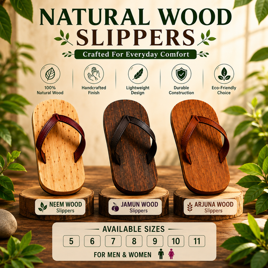 Premium Natural Wooden Slippers for Men & Women | Neem, Jamun & Arjuna Wood