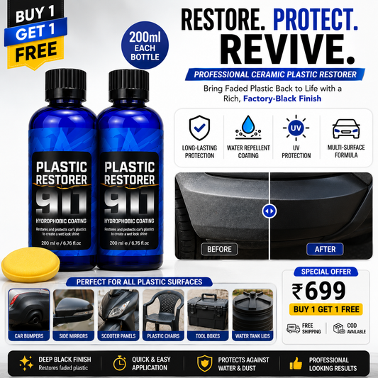 Plastic Restorer Ceramic Coating (200ml x2 Pack) | Plastic Trim Restorer for Cars, Bikes & Household Plastic | Hydrophobic UV Protection | Buy 1 Get 1 Free