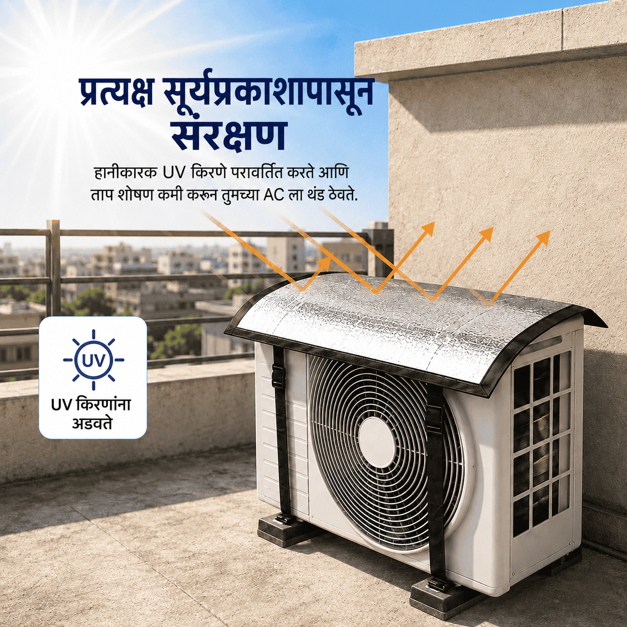 Premium AC Outdoor Unit Cover for AC | Heat Resistant Waterproof Aluminium Foil Sun Shade Cover | UV, Rain & Dust Protection for Compressor Outdoor Unit | एसी बाह्य युनिट संरक्षण कव्हर
